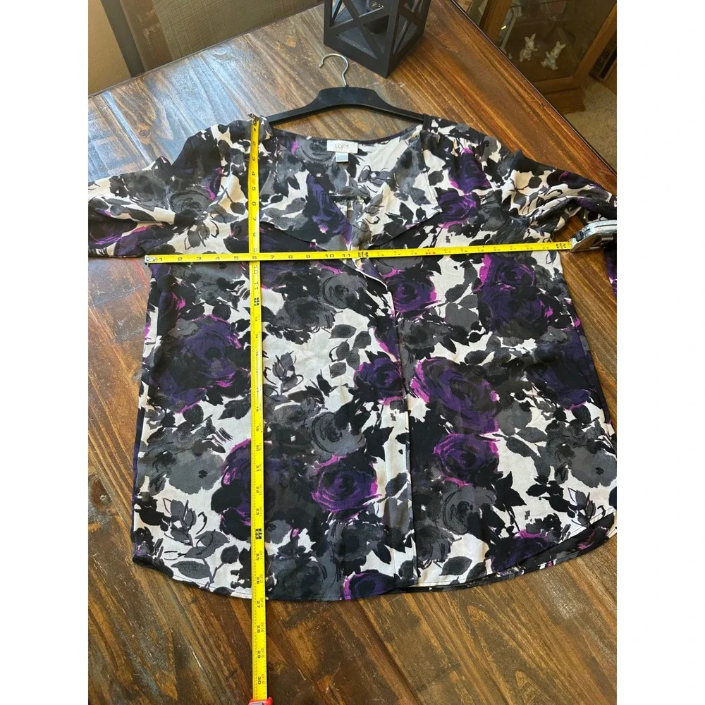 Ann Taylor LOFT Purple Black Floral Sheer‎ Chiffon V-Neck Blouse XL Long Sleeve - Picture 7 of 11
